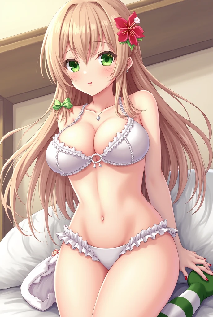 (​masterpiece:1.2), (best quality:1.2), (Intricate detailing:1.2), (Anime Coloring:1.1), ((top quality)), Solo girl, light brown hair, green eyes, Long hair, medium breasts, sexy body and face, nice hair, smile, (open lips:0.9), lipstick, White lingerie, white bra, white panties, open abdomen, Bett, Leg Up, navel, Decollete, Collarbone, bare shoulders, jewellery, 手链, Ribbon, hibiscus, Ruffles, sleeveless, hair flower,  Bett, Interior, perfect hips, sexy Pose, Cowboy shots, detailed body, face, and eyes, Illustration, keen focus, exhilarated, creative, dynamic, High Resolution, High resolution, 16K quality, (Upscale: R-ESRGAN 4x+ Anime6mage Beautification:4x), (beautiful Illustration), (beautiful detailed eyes 1.2), (beautiful detailed face:1.2), (beautiful detailed body:1.2), (Better hands:1.2), voluptuous body, cinema lights, Dakimakura-Style, good anatomy, perfect eyes, perfect body, perfect anatomy, perfect breast, look at the viewer, long braids, green and white striped knee socks, Tattered clothes 