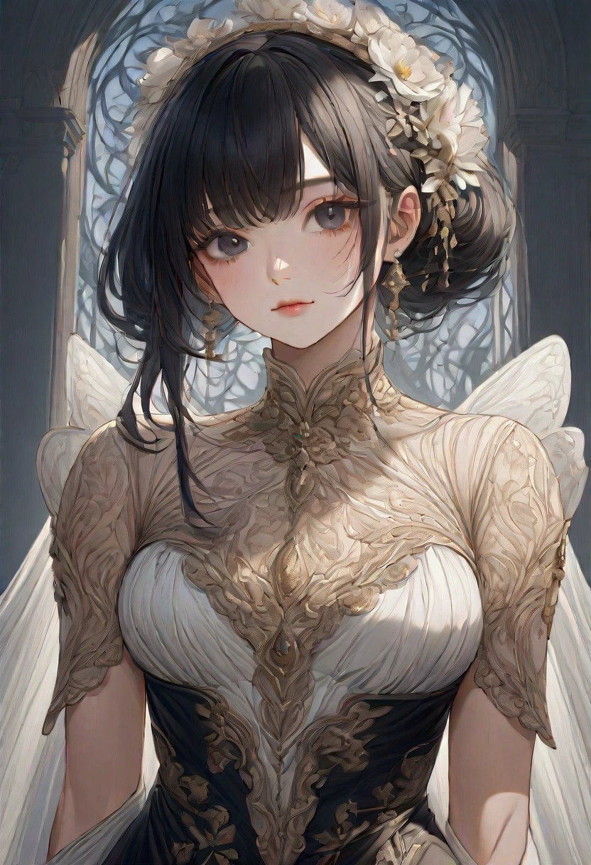 ((Masterpiece)) ((best quality)) ((ultra-detailed )) ((ultra sharp)) ((4k)).Anime girl with long black hair , black eyes with hourglass shaped build,