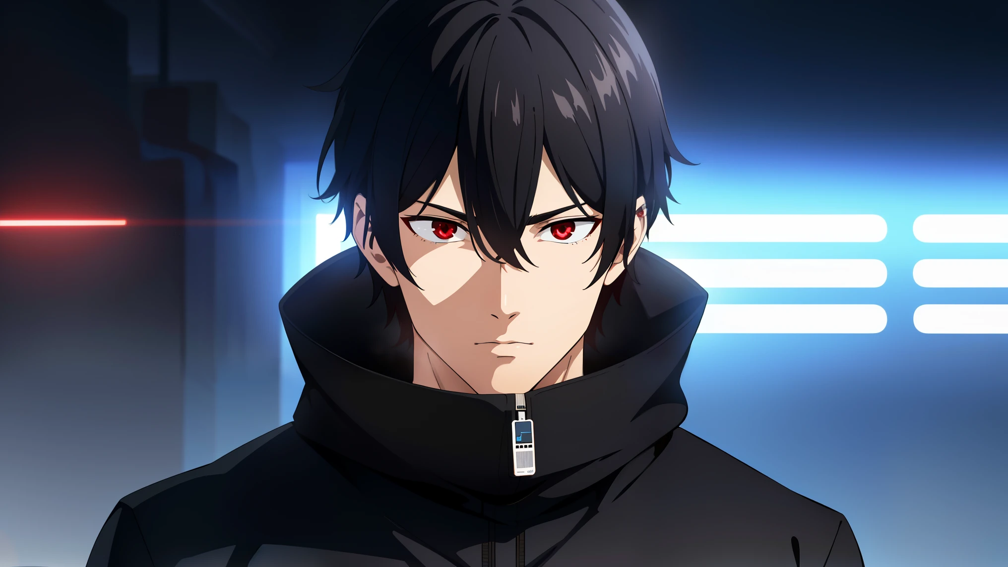 (best quality:1.5, highres, UHD, 4K, detailed lighting, shaders), black hair, hair between eyes, cool man, cool boy, Slender Eyes,, red eyes, beautiful, simple background, workout