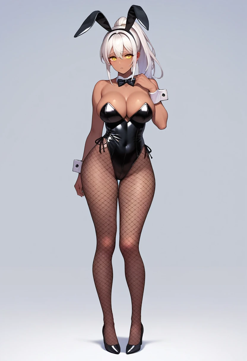 1 girl, white hair, long hair, dark skinned woman, black skin, yellow eyes, breasts, large breasts, bow tie, wide hips, fishnet stockings, bunny suit, leotard, golden bunny suit, shy, timid, ponytail, fishnet stockings, fishnet pantyhose, fishnet legwear, high heels, full body, ((full body))