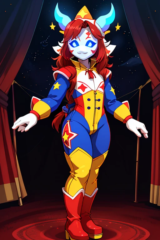 best quality, ultra-detailed, best illustration, masterpiece, high res (1boy:1.3), ((crossdresser)), (((1boy)))), (((solo))), ((((alone)))), ((long red hair)), ((fully enclosed smiling white jester helmet)), ((blue glowing eyes)), ((jester hat)), (((faceless))), (((no face))), (((hidden face))), ((((brown skin)))), wide hips, narrow waist, thick thighs, standing in a circus tent, ((flat chest)), (((full body skin tight colourful(white blue red yellow) jester suit with star decals))), (red boots), white gloves, ((tall))