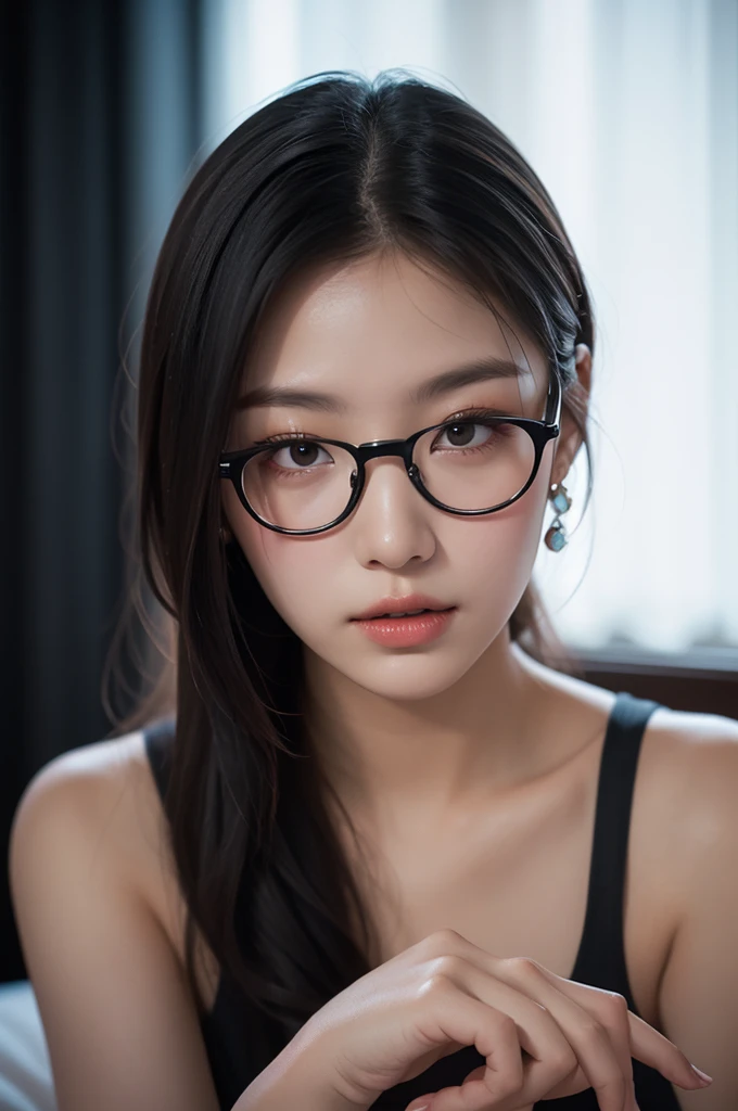 In the dimly lit bedroom, A stunning portrait dominates the frame,She is a woman with short black hair、Cute beauty wearing glasses. She sat comfortably on a comfortable bed, When she looks directly at the audience,Sweat sparkled on her skin. Ultra-high-resolution 8K cameras capture every detail, From the subtle curves of her features to the intricate patterns on her clothes. This masterpiece is a testament to the artist's skill in capturing beauty and intimacy.