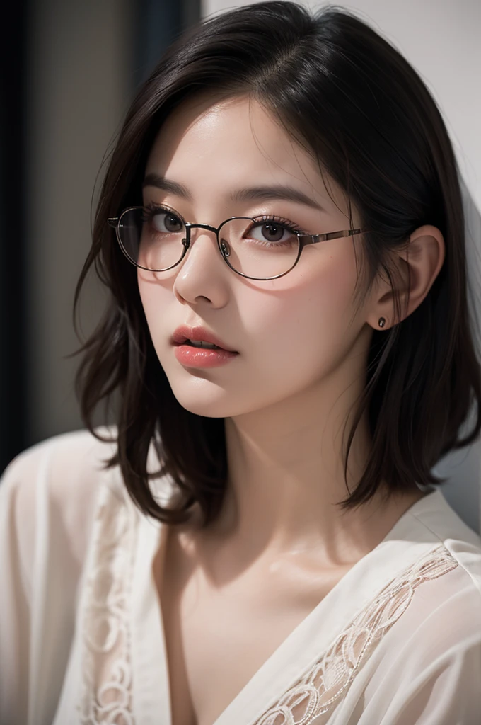 In the dimly lit bedroom, A stunning portrait dominates the frame，She is a woman with short black hair、Cute beauty wearing glasses. She sat comfortably on a comfortable bed, When she looks directly at the audience，Sweat sparkled on her skin. Ultra-high-resolution 8K cameras capture every detail, From the subtle curves of her features to the intricate patterns on her clothes. This masterpiece is a testament to the artist&#39;s skill in capturing beauty and intimacy.