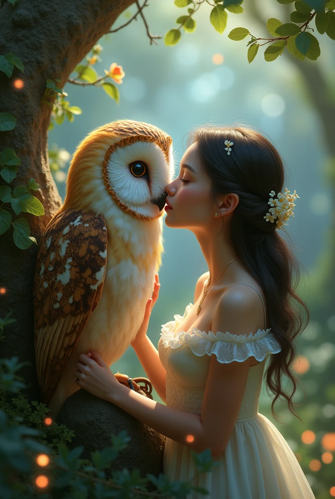 Owl kissing a girl