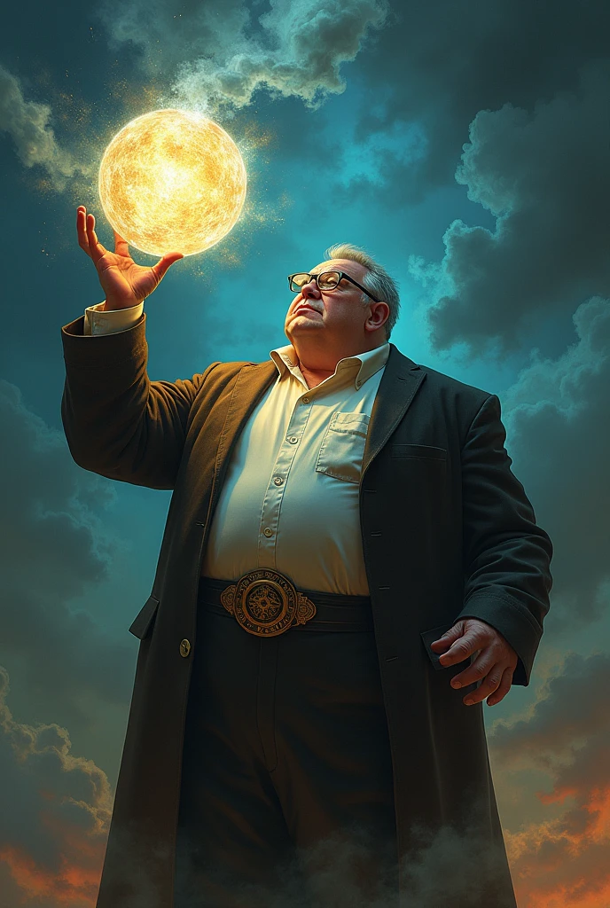 Image of a fat teacher with glasses controlling the world with a sphere of Power