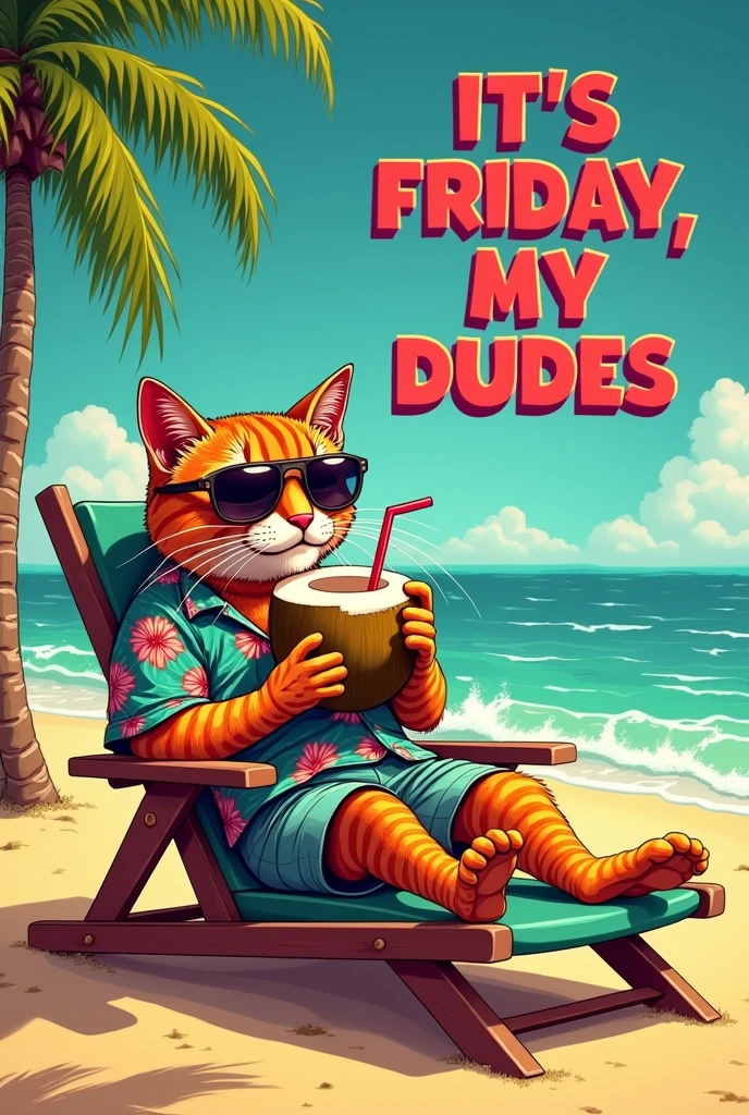 A vibrant, detailed illustration of an anthropomorphic Cat lounging on a beach chair sipping a drink from a half coconut shell. Above red bold words: in 3D font "IT'S FRIDAY, MY DUDES". The cat, wearing aviator sunglasses and a patterned Hawaiian shirt, Surrounded by palm trees and golden sand, and azure waves enhance the atmosphere. Retro 80s art style.