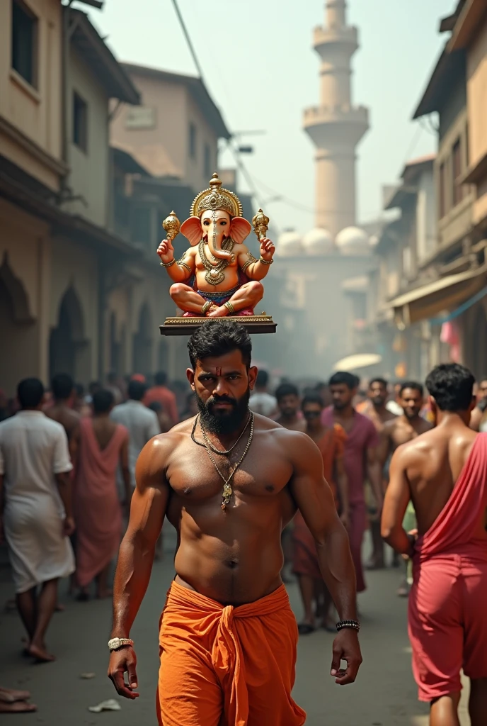 A hindu skinny bodybuilder taking ganapati murty in Muslims darga road