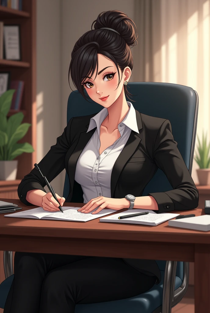 Draw a matured woman that customizing as a successful entrepreneurship with backgrounds of an office and sitting on the office chair doing work also put the hair up and the color of the clothes are black and white that looks so expensive and classi and make it more like an anime