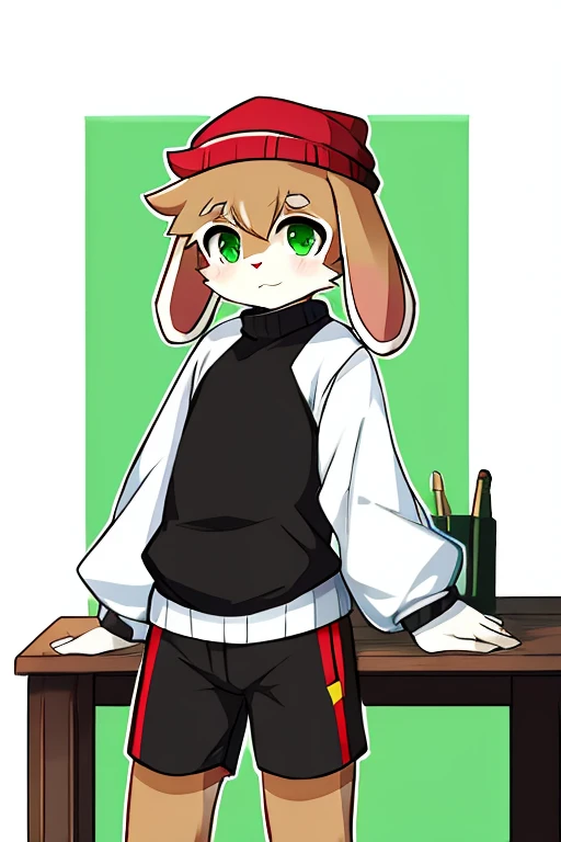 rabbit, floppy ears, white and light brown fur, green eyes , Red Cap, black sweater with white sleeves, shorts negros