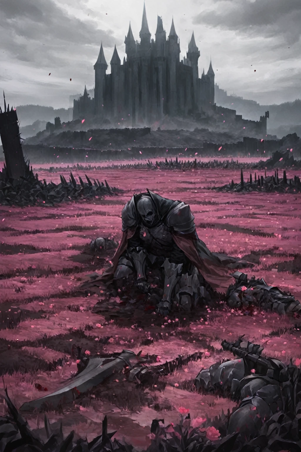 work of art, excessive brutalism, field of battle, broken weapons, fallen bodies, caped knight on his knees mourning the death of another knight, knights fallen to the ground defeated, pink flowers, (dreamy landscape), stunning landscape, castle in the background, dark scenery, bloodstains, rosas de bloodstains