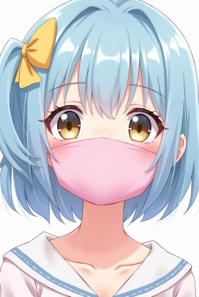 anime girl with short light blue hair with a yellow bow and a blank pink mask covering her full face with blush lines