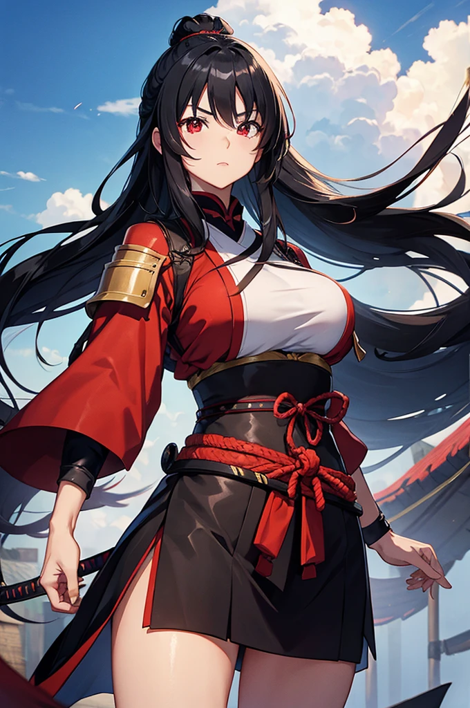female big breast samurai armor long black hair red eyes village