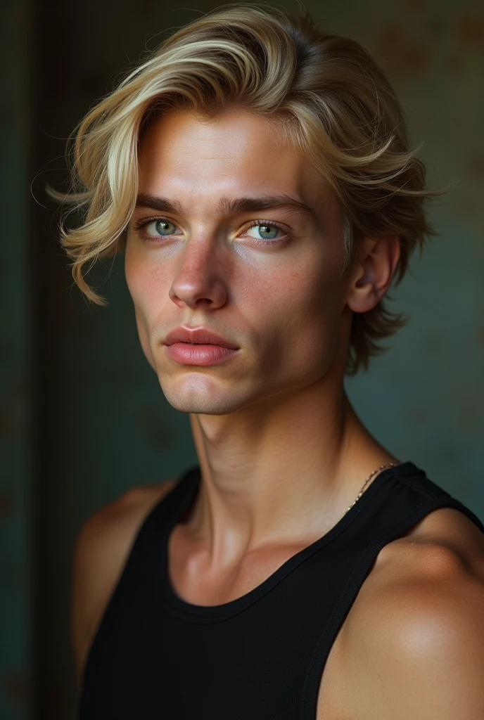kor: 25 years old Height: 1,89 Physical constitution: Scrawny, but with defined muscles Skin color: Polish white, with evident Russian features, smooth skin Eyes: clear eyes, expressive and captivating Hair: blondie hair, smooth and short 20th century Plump and red mouth, sorriso lindo
Masterpiece, 8k, painting-like, photo by full body, handsome man.