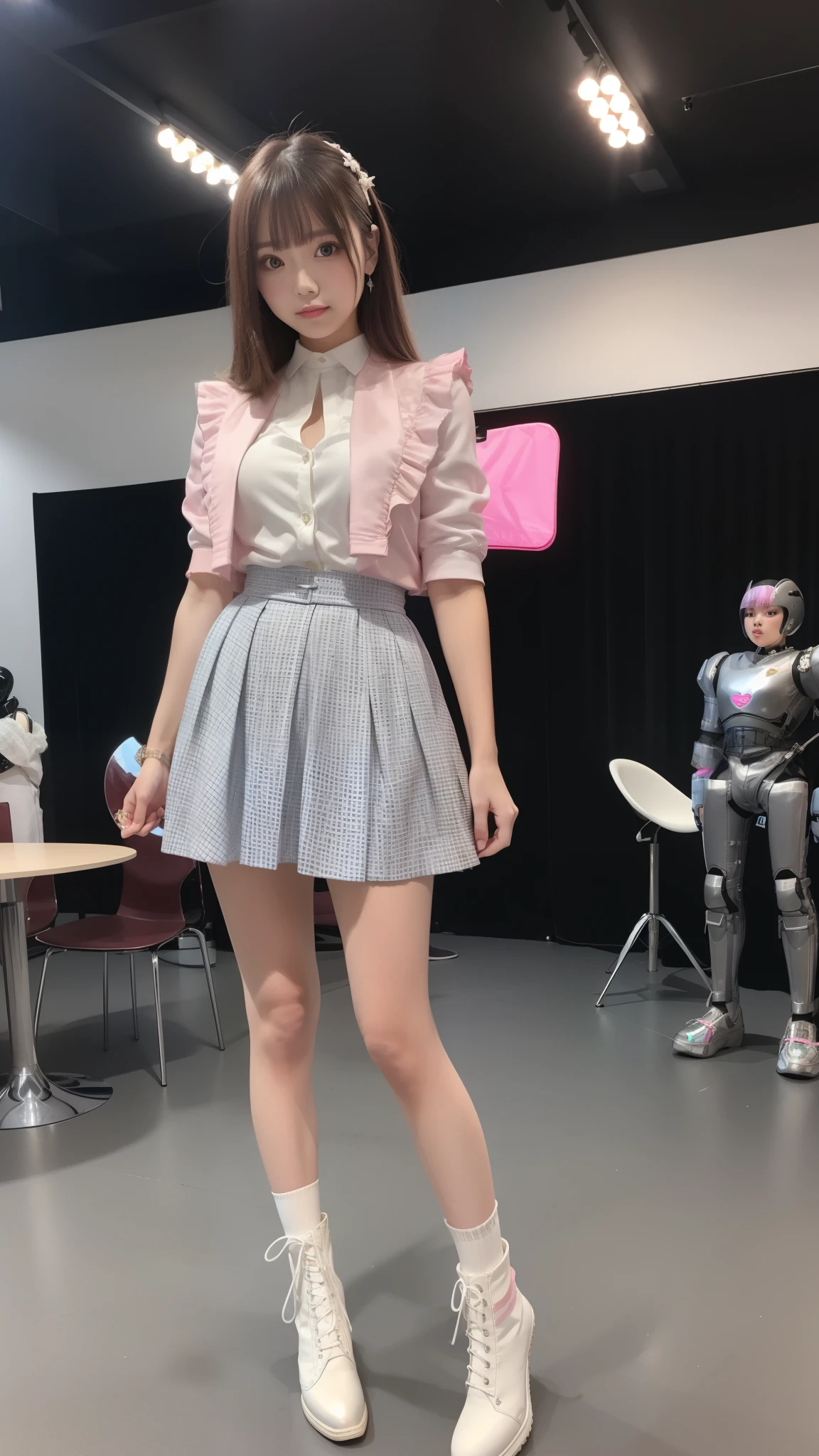 Costume like a idol, blue and white half sleeve Jacket, pink satin ruffled blouse, White and pink stripe pleated skirt, white lace up boots