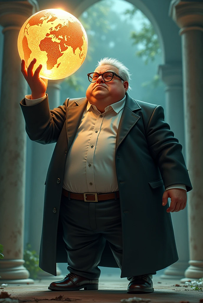 Image of a fat teacher with glasses controlling the world with a sphere of Power