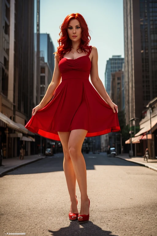 sexy red hair woman 30 years old, full body, perfect body, wear a red dress, cinematic shot, dynamic lighting, 75mm, Technicolor, Panavision, cinemascope, sharp focus, fine details, 8k, HDR, realism, realistic, key visual, film still, cinematic color grading, depth of field