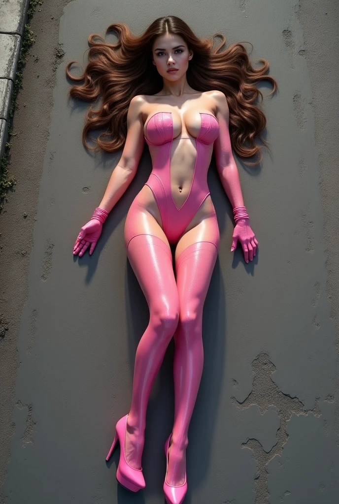 score_9,score_8_up,score_7_up,8k,hd,1 muscular young girl, curvy hourglass figure, street background, lying, ass in the air,from above, girl, pink crotchless body stocking,gloves,platform footwear,platform heels, BDSM, big exposed breasts, realistic, perfect face, tied up 