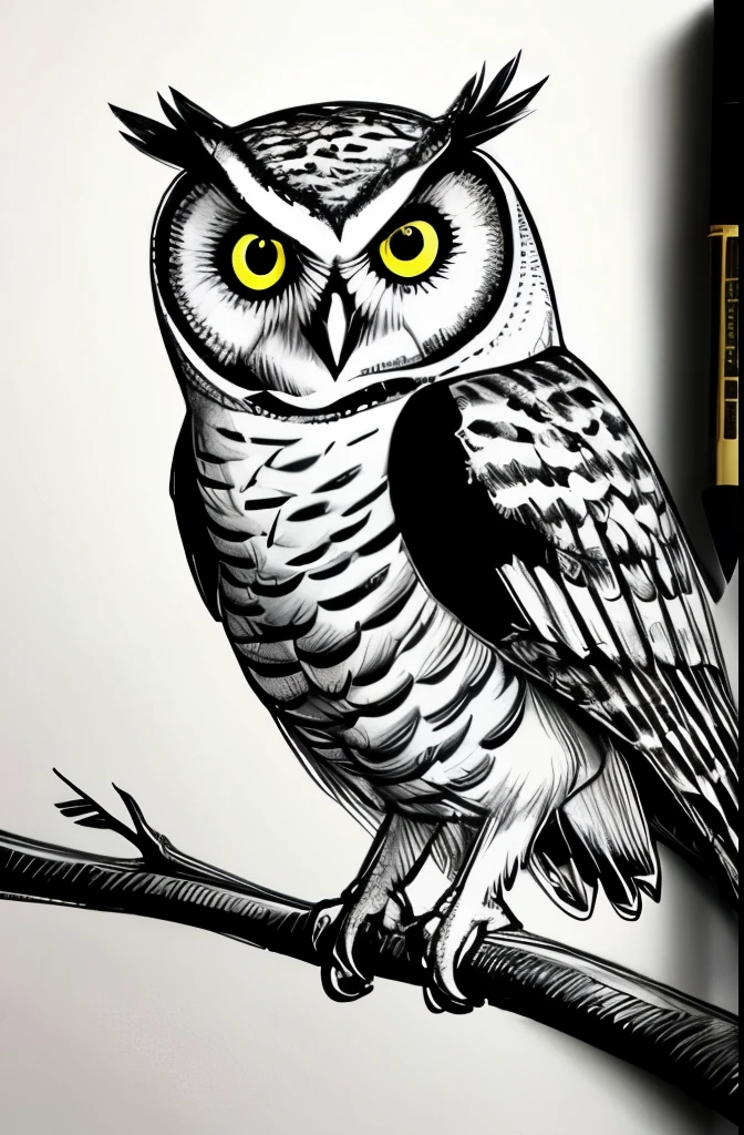 a drawing of an owl sitting on top of a tree branch, very detailed shading, detailed sketch, very flat shading, extremely detailed shading, a detailed drawing, detailed shading, detailed but rough, has a very realistic look to it, highly detailed sketch, high detail drawing, detailed sketch drawing, detailed drawing, detailed penciling, simple shading, detailed pencil sketch