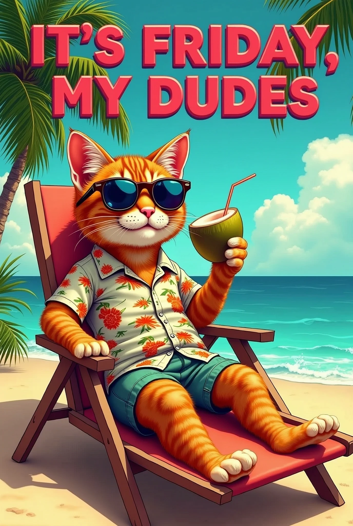 A vibrant, detailed illustration of an anthropomorphic Cat lounging on a beach chair sipping a drink from a half coconut shell. Above red bold words: in 3D font  "IT'S FRIDAY, MY DUDES". The cat, wearing aviator sunglasses and a patterned Hawaiian shirt, Surrounded by palm trees and golden sand, and azure waves enhance the atmosphere. Retro 80s art style.