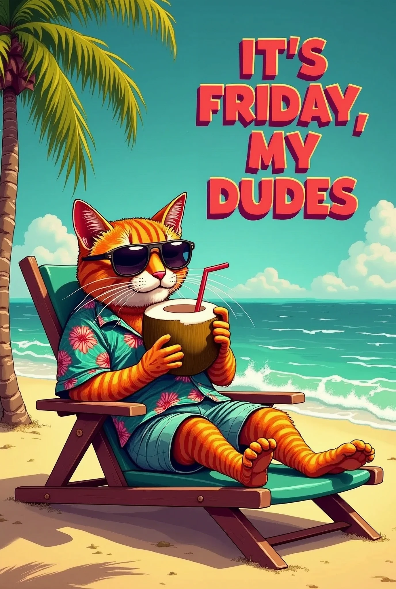 A vibrant, detailed illustration of an anthropomorphic Cat lounging on a beach chair sipping a drink from a half coconut shell. Above red bold words: in 3D font  "IT'S FRIDAY, MY DUDES". The cat, wearing aviator sunglasses and a patterned Hawaiian shirt, Surrounded by palm trees and golden sand, and azure waves enhance the atmosphere. Retro 80s art style.