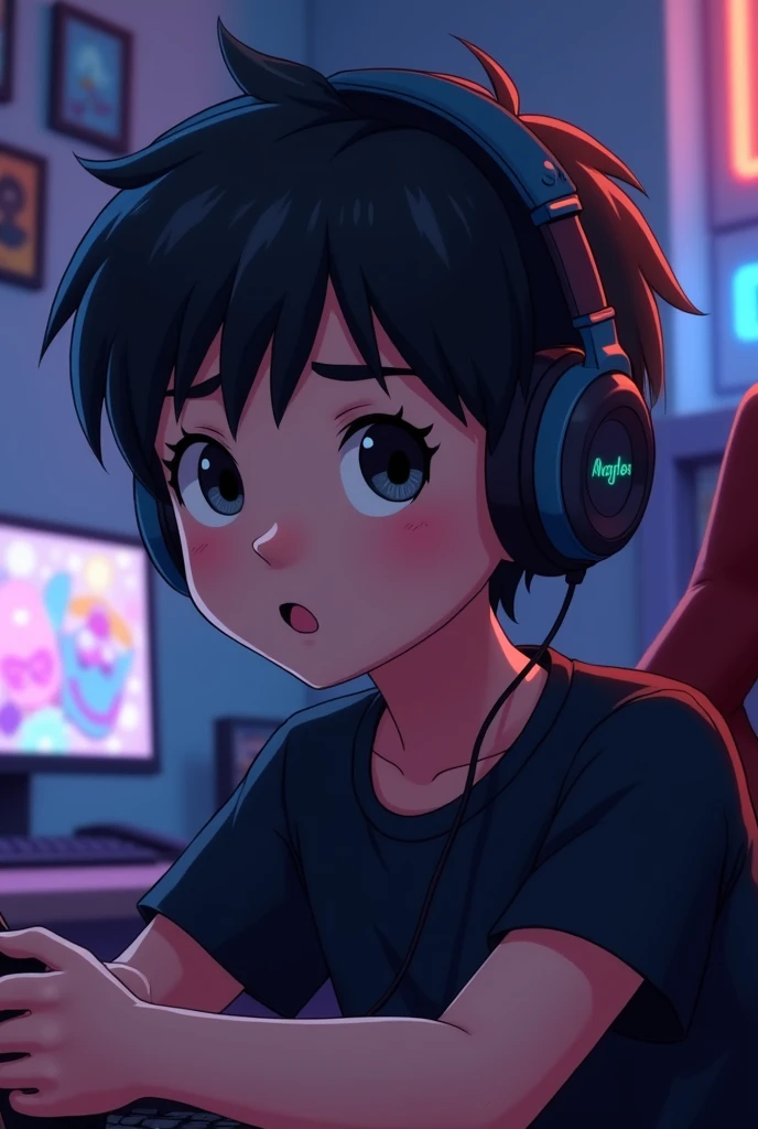 I want a  black haired boy with cartoon style, He has a black t-shirt and headphones on and seems mesmerized by video games.

