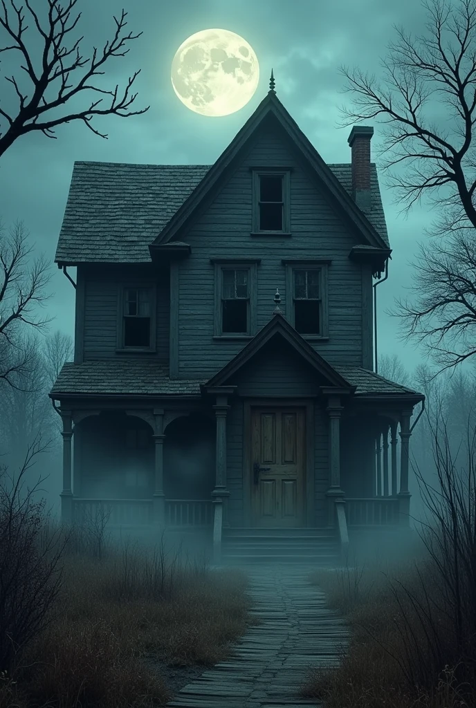 An ancient and mysterious house stands in the middle of a desolate landscape. The house is two stories, with dark, time-worn wooden walls, some boards are broken or missing. The windows are tall and narrow., blind covers that hang from a single nail, and some are broken, revealing dark shadows inside. The main door, heavy and oak, is half open, as if inviting you to enter, although the wind seems to whisper warnings. The roof of the house is covered with broken tiles, and a brick chimney rises towards the sky, although it does not emit smoke. Around the house, there is a wild garden, with tall weeds and ???? trees whose twisted branches look like claws reaching out towards the house. A full moon shines in the sky, dimly illuminating the scene, as a thick fog swirls around the base of the house, giving it an even more disturbing and supernatural air.