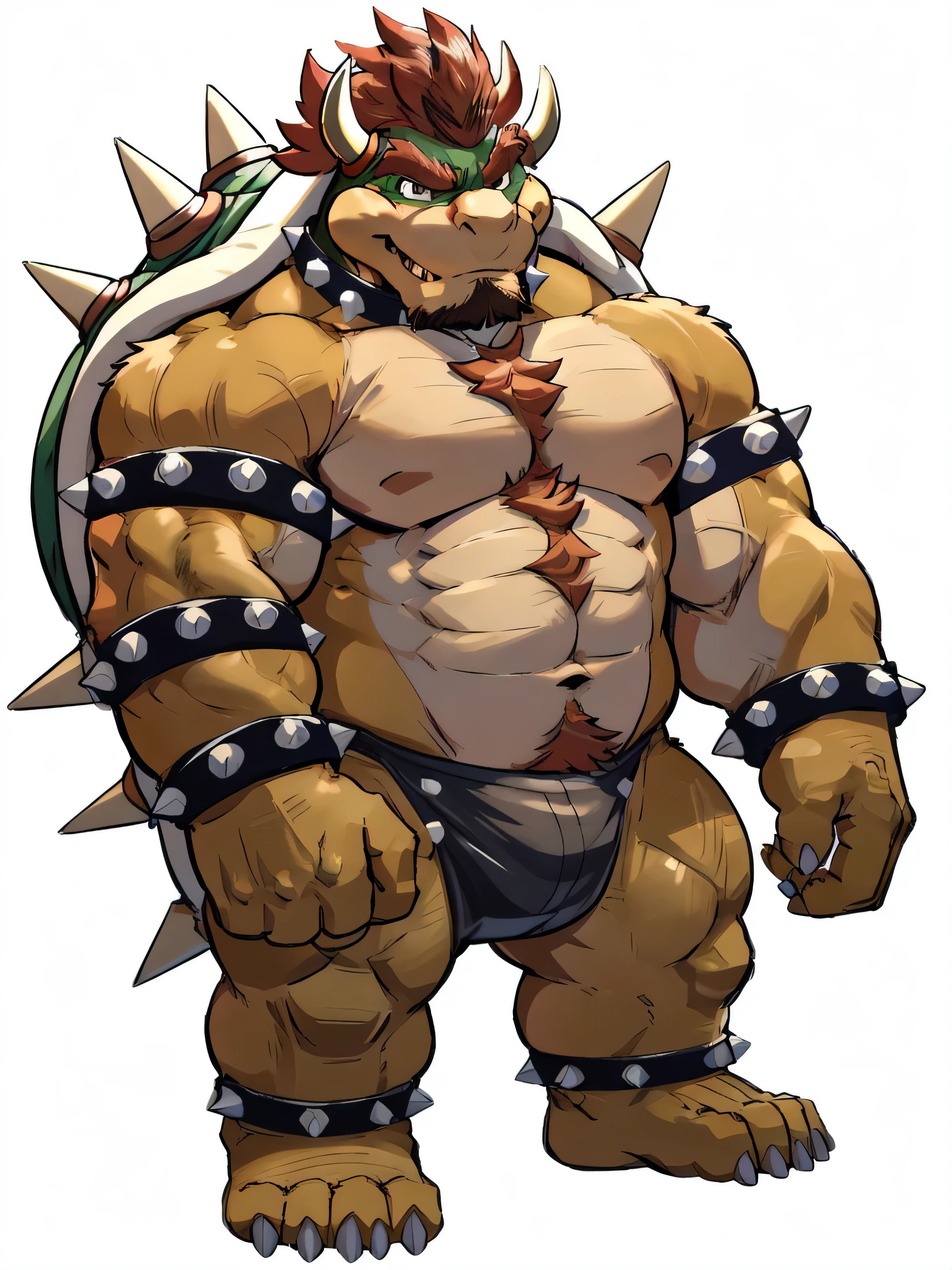 bowser, detailed bowser, 4k, high resolution, best quality, posted on e621, solo, male, masculine, pectorals, abs, heavyweight, (white background, no background:1.1), (wfa style, meesh style:1.0), bowser anatomy, (detailed face, detailed eyes:1.0), (flat colors, cel shaded, cartoony shading:1.2), cartoony proportions, shiny skin, full body, short legs, hairy, beard, hairy chest, hairy arms, hairy belly, hairy legs, hairy abs