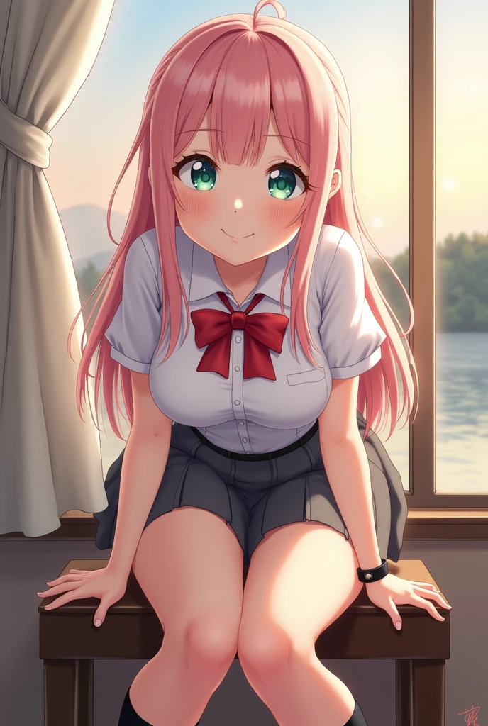 (masterpiece:1.2, of the highest quality), (realist, photorealist:1.4), Beautiful illustrations, (natural side lighting, cinema lighting),
See your viewers, cowboy shot, Front view:0.6, 1 girl, Japanese, high school girl, perfect face, Cute and symmetrical face., shiny skin,
(by the wide:1.8, straight hair:1.7, light pink hair), split bangs, emerald green eyes, long eyelashes, (big breasts:0.9, thick thighs),
beautiful hair, beautiful face, Beautiful attention to detail, beautiful clavicle, beautiful body, beautiful breasts, beautiful thighs, Beautiful feet, beautiful fingers,
((White collared shirt, gray pleated mini skirt, , black socks, Brown loafers, red bow tie)), Hoop Earrings, pink panties,
(beautiful views), evening, River side, (Nice smile,), Lean over a chair and sit down..、Open your legs wide、Panties visible under the skirt.