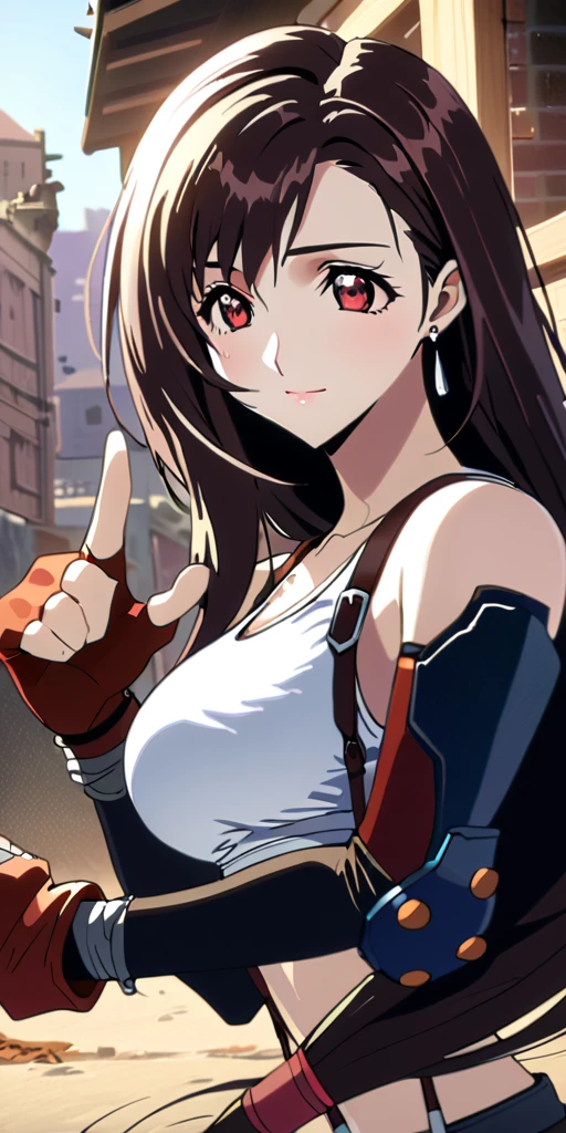 (((((tifa lockhart,Final Fantasy 7:1.5))))),((Highest quality、masterpiece、anime style、best quality、high resolution、8k、detailed、ultra-detailed:1.3))、Long legs:1.2, Beautiful woman with perfect figure:1.4、(Smiling:1.2), double eyelid、30-year-old female、((((One Woman,beautiful face,Beautiful face、Outdoor,upper body:1.5)))),Big Breasts、High resolution, accurate, Anatomically correct, High-resolution model, high quality, Very detailed, Ultra high definition、Black Hair、Straight Hair、Long Hair,Red open finger gloves,(Uplifting、action、contrapposto pose、dynamic、dynamicポーズ、dynamic motion:1.5)、(((((speed lines、action lines,movement,dynamism:1.0)))))、円を描く様な水のエフェクト