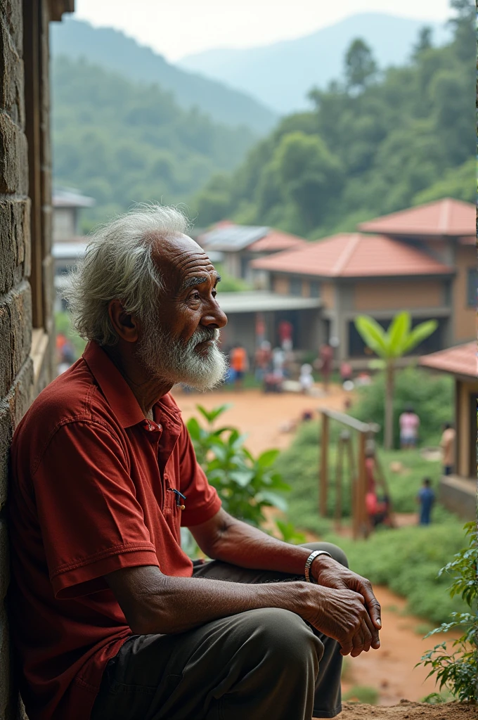 Create an image of an old man sitting in the balcony of his house in a hopeful township of Wayanad Mundakkai landslide survivors.Show resilient people rebuilding their lives, with a backdrop of new, safe homes. Include elements of community support, progress, and a sense of unity, with green landscapes and modern infrastructure symbolizing a hopeful future amidst the struggles and losses.