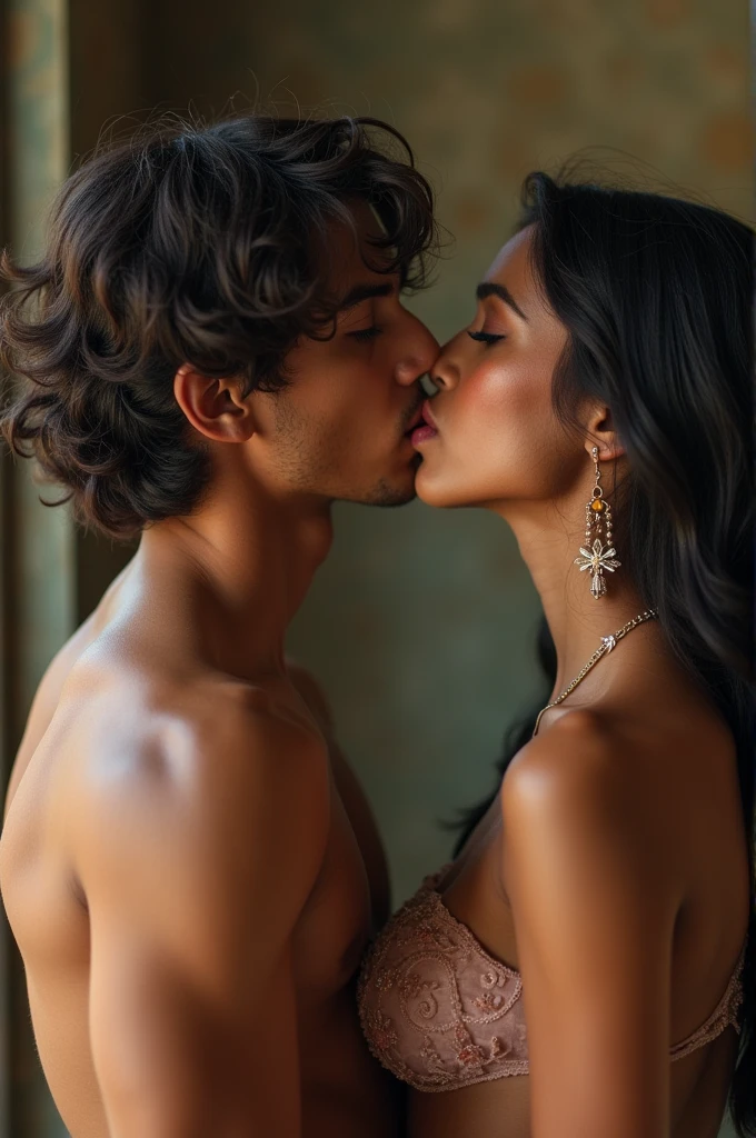 A indian girl with medium size boobs and ass kissing a indian boy on lips