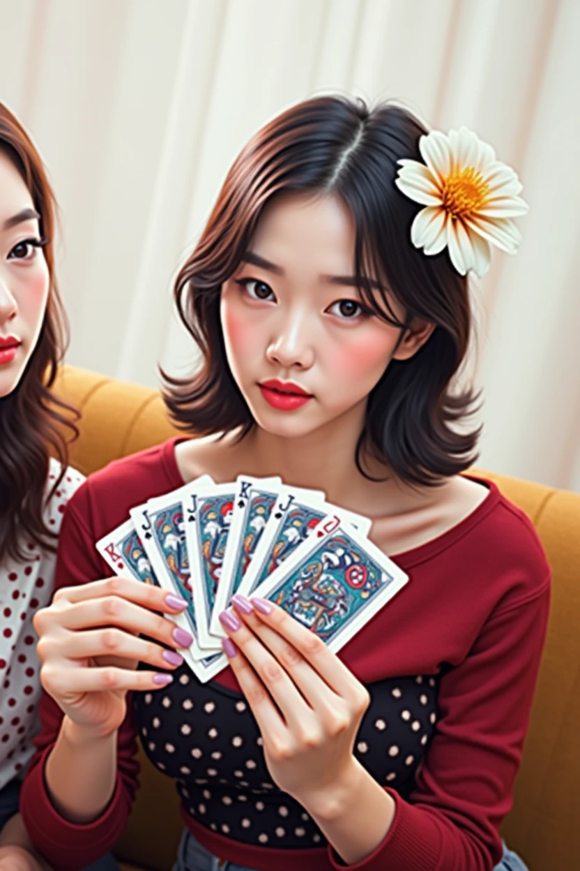 フォト、フォトリアリスティック、a couple of women sitting on top of a couch holding playing cards, a picture, by Jang Seung-eop, crypto,  💣 💥💣 💥, detailed image, playing card back, ad image, bright contrast, profile picture