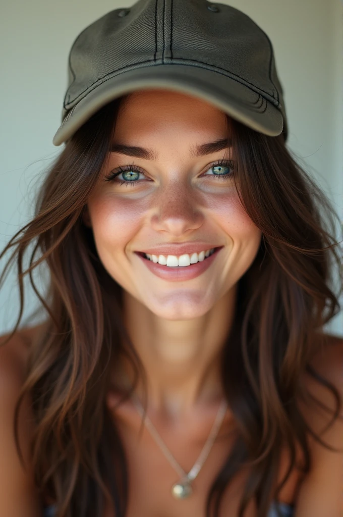 A beautiful smiling woman with a cap, blue eyes and brunette hair 