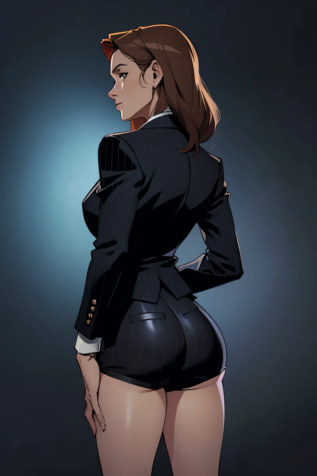 FBI agent Dana Scully from "The X-Files." 90's, black pinstripe suit, looking forward, shorts hair, rear view, FBI