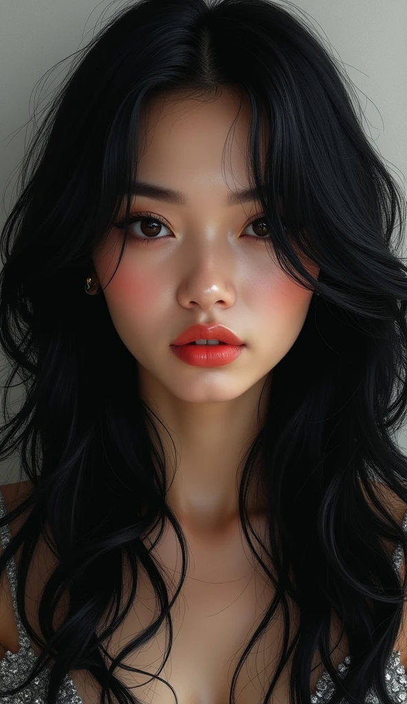 hyper-detailed front portrait of black-haired woman, front center view, t-shirt, by James Jean style, highly detailed face, digital art, impressionism, deep gaze, princess eyes, best dynamic composition