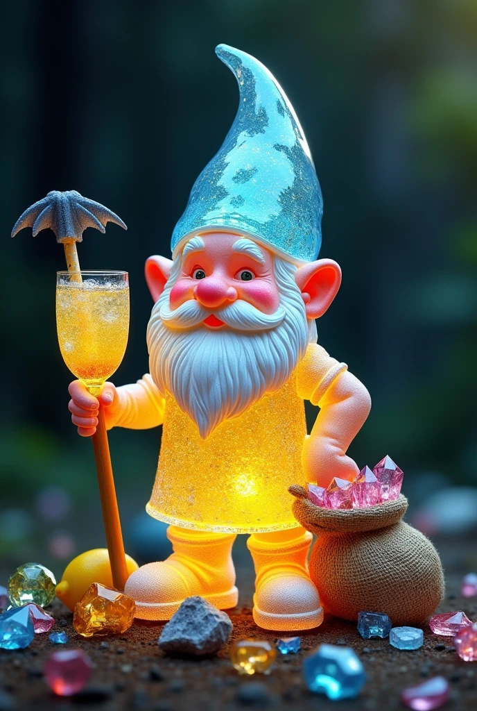 diamond cut in the shape of a gnome holding a glass of lemonade with a straw and a pickaxe add shiny precious stones around it add a bag full of crystals next to it