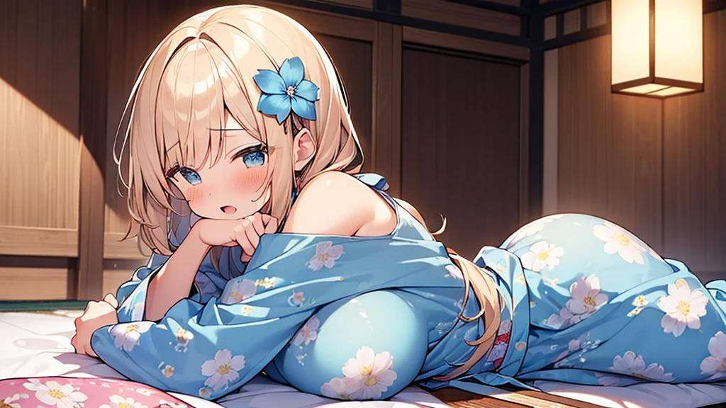 (Masterpiece, Top quality:1.5), nsfw, (dynamic angle:1.2), (1 beautiful girl, solo:1.2), (lie on tatami:1.2), Blonde, medium Hair, wavy Hair, asymmetry bangs, swept bangs, airy hair, large breasts:1.2, 16 year old, (flower printed blue yukata :1.3), shy:1.1, (blush:1.4), beautiful scene of indoor, arms up:1.2, open mouth