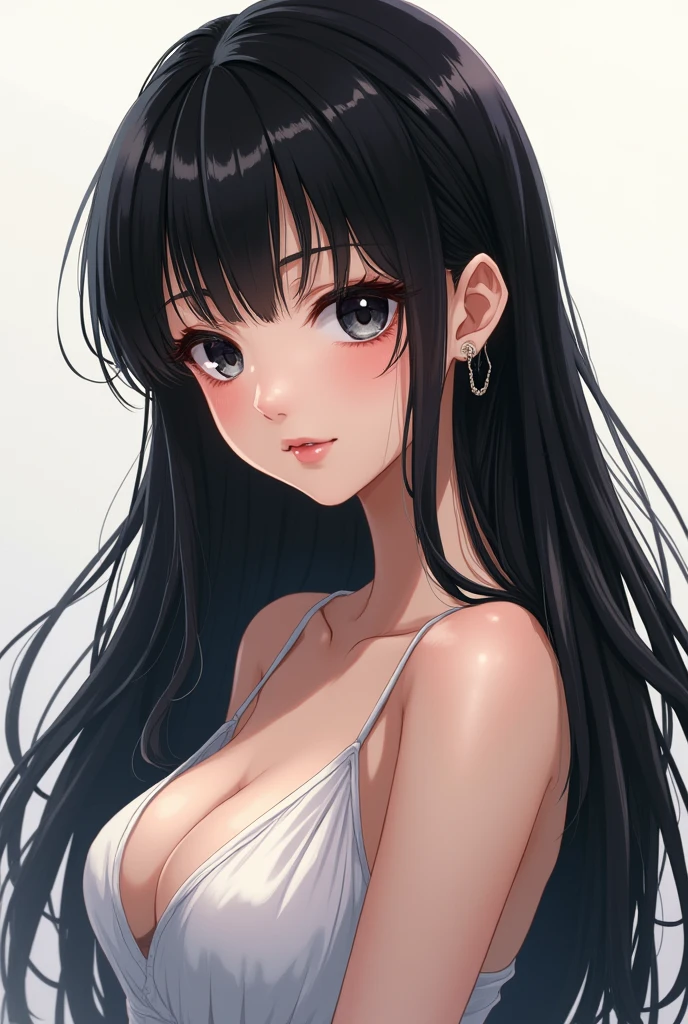 ((Masterpiece)) ((best quality)) ((ultra-detailed )) ((ultra sharp)) ((4k)).Anime girl with long black hair , black eyes with hourglass shaped build,