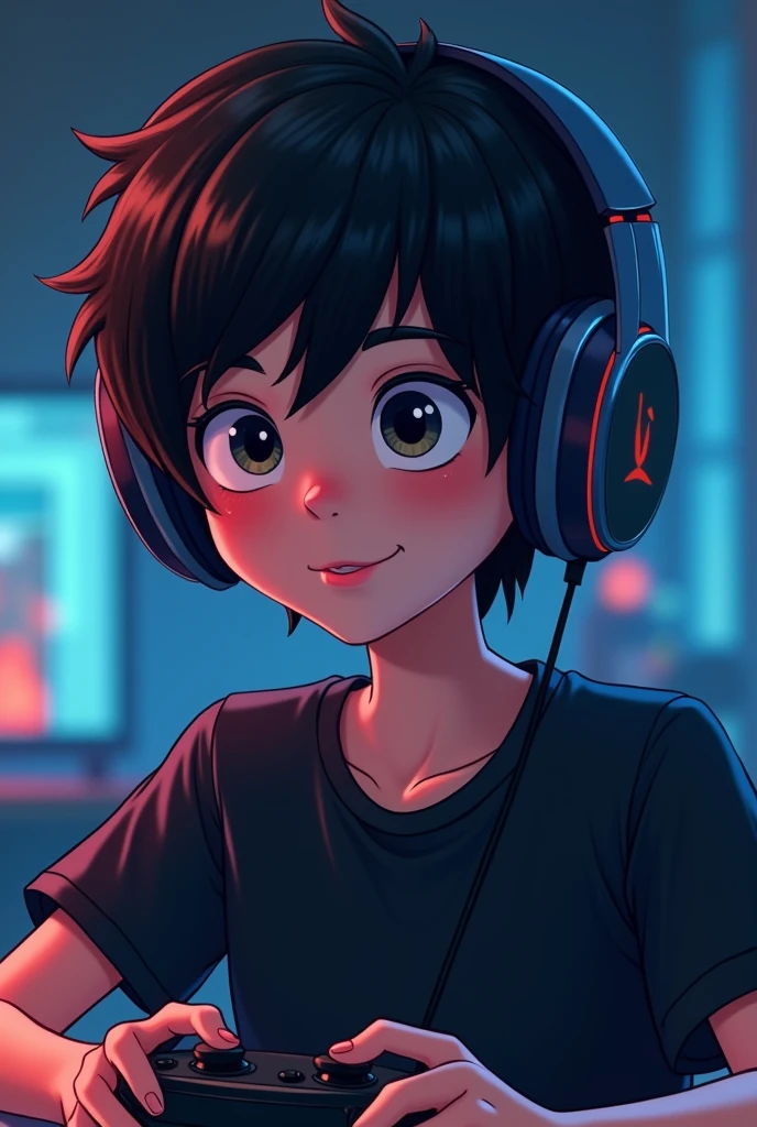 I want a 18 year old black haired boy with cartoon style, He has a black t-shirt and headphones on and seems mesmerized by video games.
