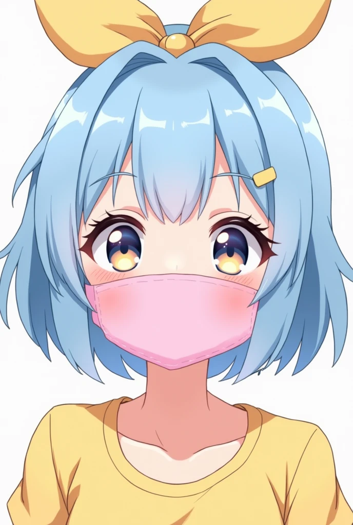 anime girl with short light blue hair with a yellow bow and a full blank pink mask with blush lines