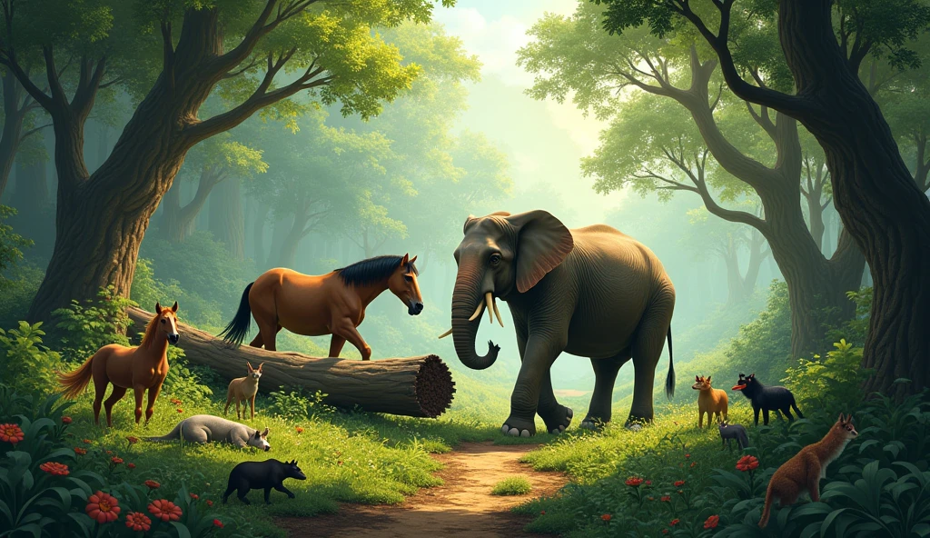 3. **”A lush forest with a large tree blocking the path, surrounded by various animals watching as a horse and an elephant collaborate to remove the obstacle.”**