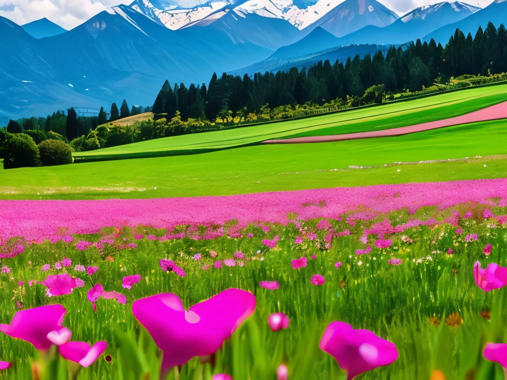 a close up of a field of flowers with mountains in the background, fields of flowers, an aesthetic field of flowers, field of flowers, in a field of flowers, field of fantasy flowers, flower field, field of mixed flowers, field of wild flowers, flower meadow, field of pink flowers, field of flowers background, sitting in a field of flowers