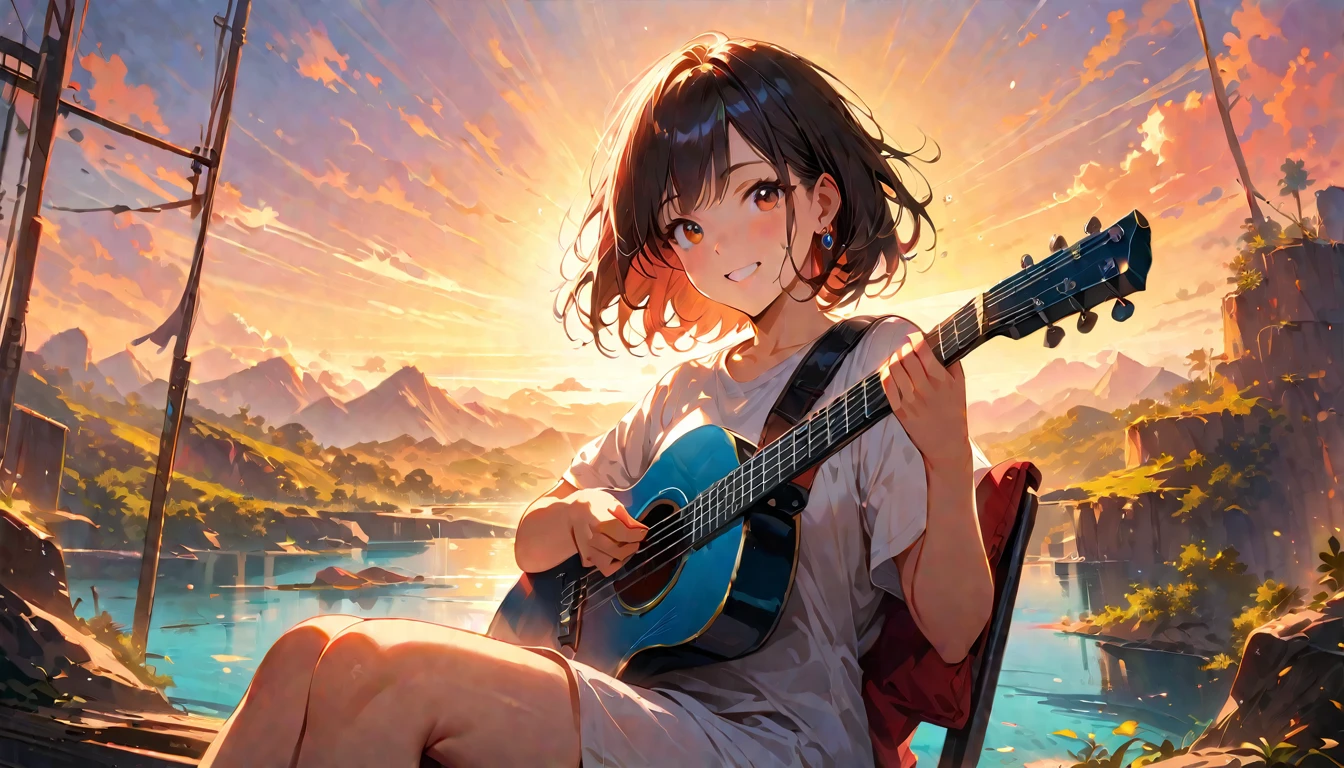 (Highest quality,4K,8k,High resolution,masterpiece:1.2),Very detailed,Realistic,Transparent guitar sculpture,sunset,Sunlight reflecting off a guitar,Body Details,Delicate strings,Vibrant color palette,Sculpting Tools,Hourglass Shape,Sound hole,Elegant Curves,Polished surface,Delicate carving,Light and shadow effects,Subtle reflection,Sparkling Surface,A girl sitting on a chair,8 year old child、Harmony between nature and art,Perfect craftsmanship,Transcendental beauty,Awe-inspiring works of art、Outdoor、short hair、Earrings、White shirt、Great smile、Convertible