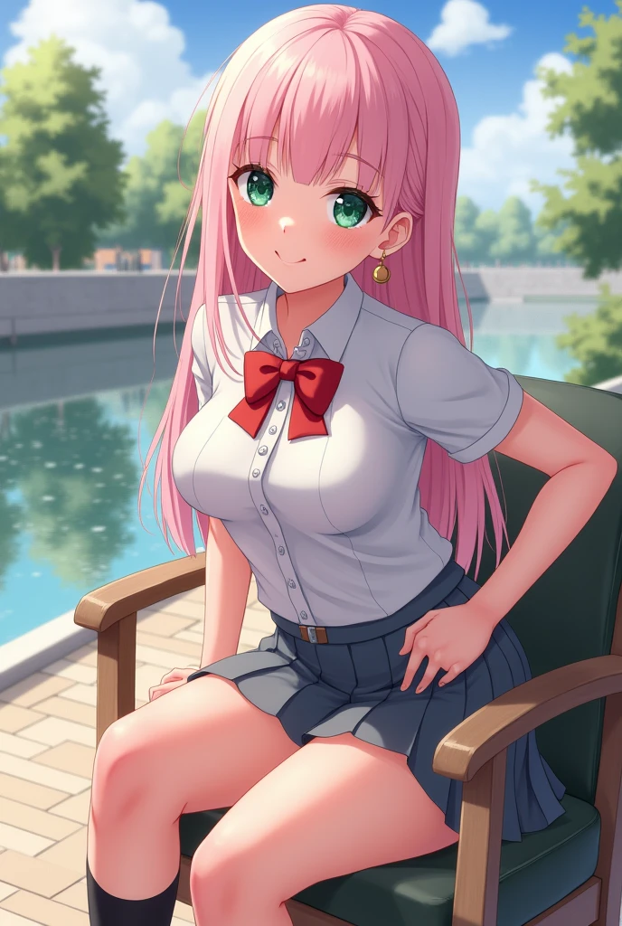 (masterpiece:1.2, of the highest quality), (realist, photorealist:1.4), Beautiful illustrations, (natural side lighting, cinema lighting),
See your viewers, cowboy shot, Front view:0.6, 1 girl, Japanese, high school girl, perfect face, Cute and symmetrical face., shiny skin,
(by the wide:1.8, straight hair:1.7, light pink hair), split bangs, emerald green eyes, long eyelashes, (big breasts:0.9, thick thighs),
beautiful hair, beautiful face, Beautiful attention to detail, beautiful clavicle, beautiful body, beautiful breasts, beautiful thighs, Beautiful feet, beautiful fingers,
((White collared shirt, gray pleated mini skirt, , black socks, Brown loafers, red bow tie)), Hoop Earrings, pink panties,
(beautiful views), evening, River side, (Nice smile,), Lean over a chair and sit down..、Open your legs wide、Panties visible under the skirt.