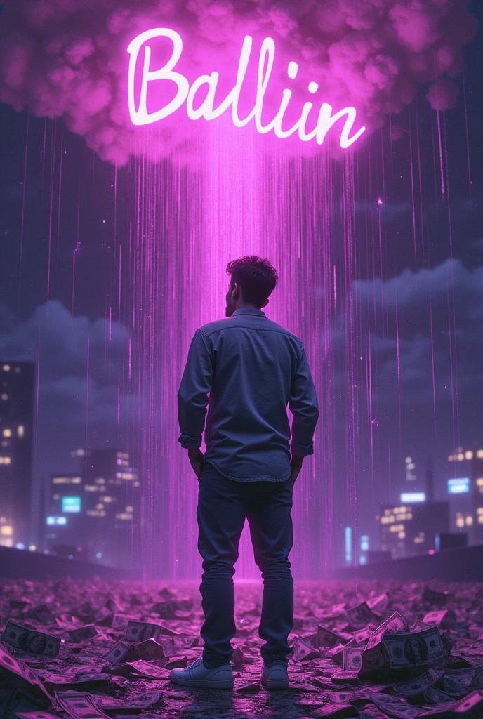  Purple ballin with graffiti lettering written in the sky , spilling raindrop of codeine ,  money rain 