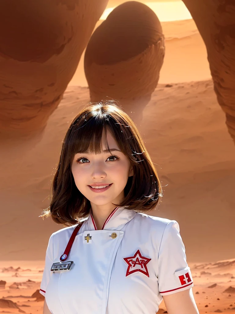 (white saint girl :1.5),(beautiful big tits:1.5), ,(shiny light brown hair:1.3),(bangs:1.2),(white medic uniform with red big star:1.5),(beautiful shiny face skin:1.5),(short wavy hair:1.3),(on mars flat :1.5),(smile:1.2),(ab:1.5)