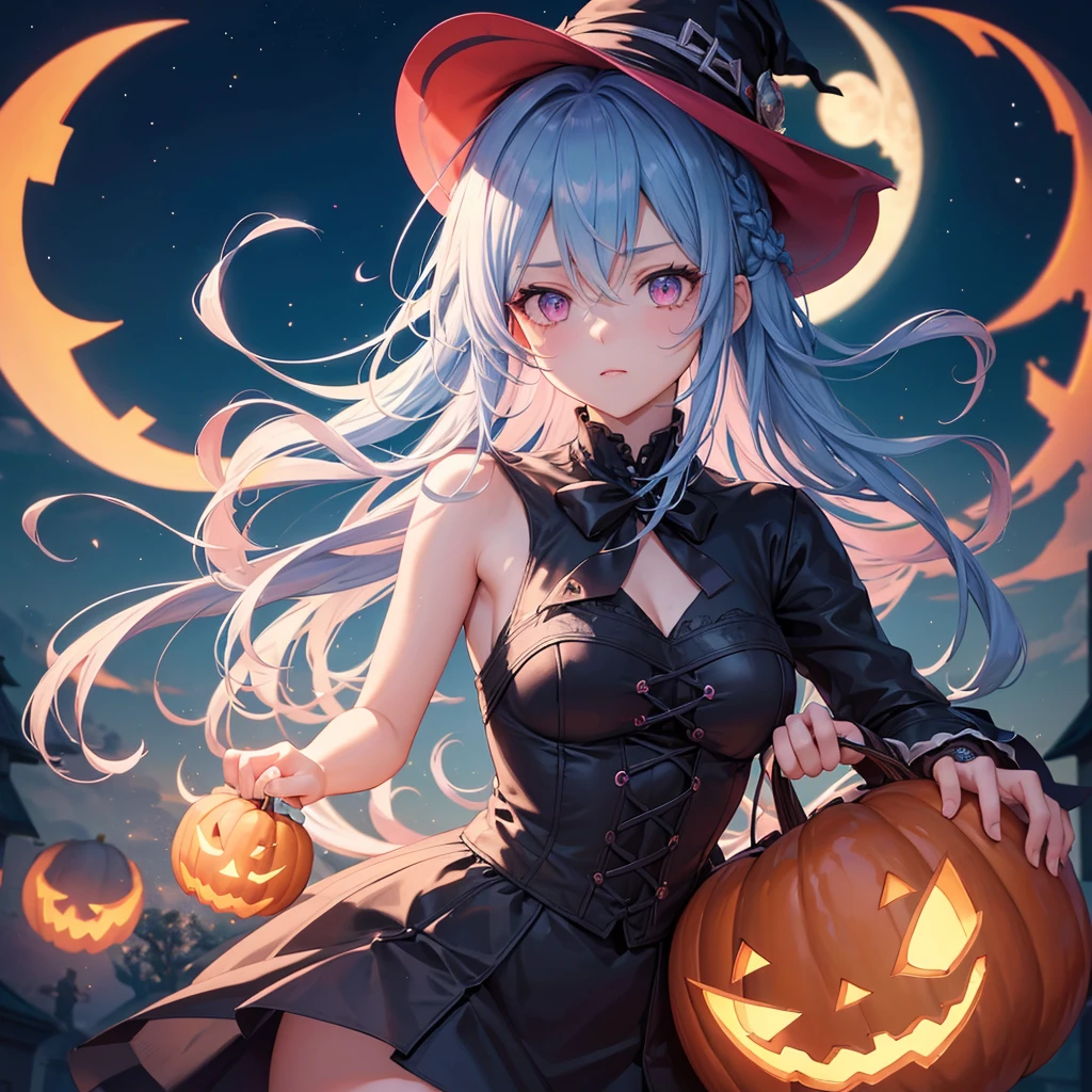 (Sky Blue Hair),(Braided medium hair), (Pink Eyes),Fair skin) ,(whole body),(One Girl),(Crescent Moon),(There are many pumpkin ghosts in the background),(Trick or Treat),Halloween Night Party),(masterpiece, Highest quality, Very detailed, Best Shadow), (Detailed Background), (Beautifully detailed face), High Contrast, (Best lighting, Very delicate and beautiful), ((Cinematic Light)), Hyper Detail,8k, Dramatic Light, Intricate details,Witch&#39;s Clothes,Magic broom,night,Flying bats in the sky,