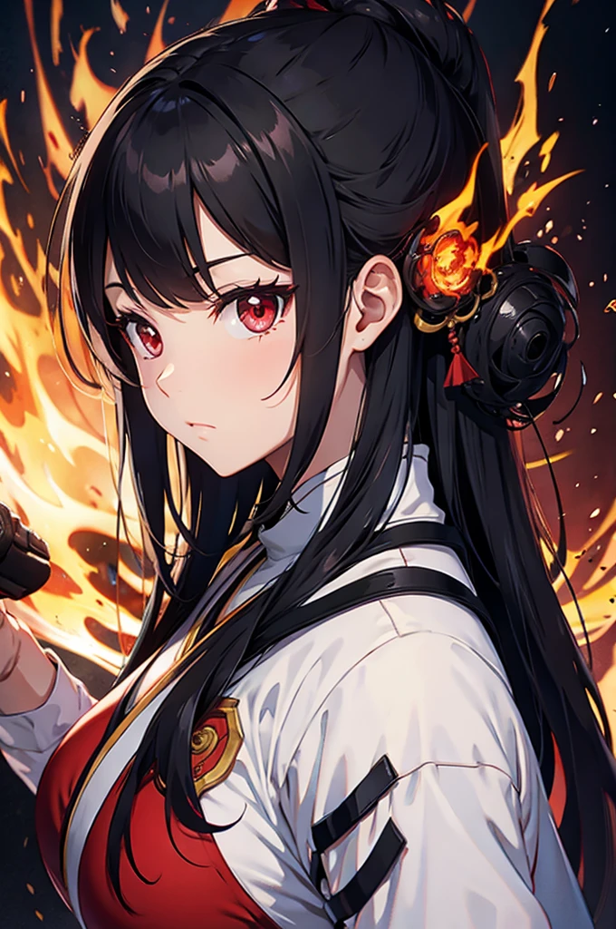 female big breast samurai armor long black hair red eyes fire