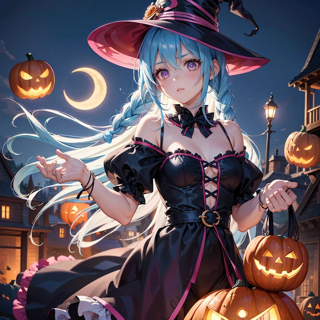 (Sky Blue Hair),(Braided medium hair), (Pink Eyes),Fair skin) ,(whole body),(One Girl),(Crescent Moon),(There are many pumpkin ghosts in the background),(Trick or Treat),Halloween Night Party),(masterpiece, Highest quality, Very detailed, Best Shadow), (Detailed Background), (Beautifully detailed face), High Contrast, (Best lighting, Very delicate and beautiful), ((Cinematic Light)), Hyper Detail,8k, Dramatic Light, Intricate details,Witch's Clothes,Magic broom,night,Flying bats in the sky,