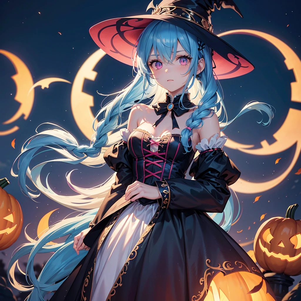 (Sky Blue Hair),(Braided medium hair), (Pink Eyes),Fair skin) ,(whole body),(One Girl),(Crescent Moon),(There are many pumpkin ghosts in the background),(Trick or Treat),Halloween Night Party),(masterpiece, Highest quality, Very detailed, Best Shadow), (Detailed Background), (Beautifully detailed face), High Contrast, (Best lighting, Very delicate and beautiful), ((Cinematic Light)), Hyper Detail,8k, Dramatic Light, Intricate details,Witch's Clothes,Magic broom,night,Flying bats in the sky,